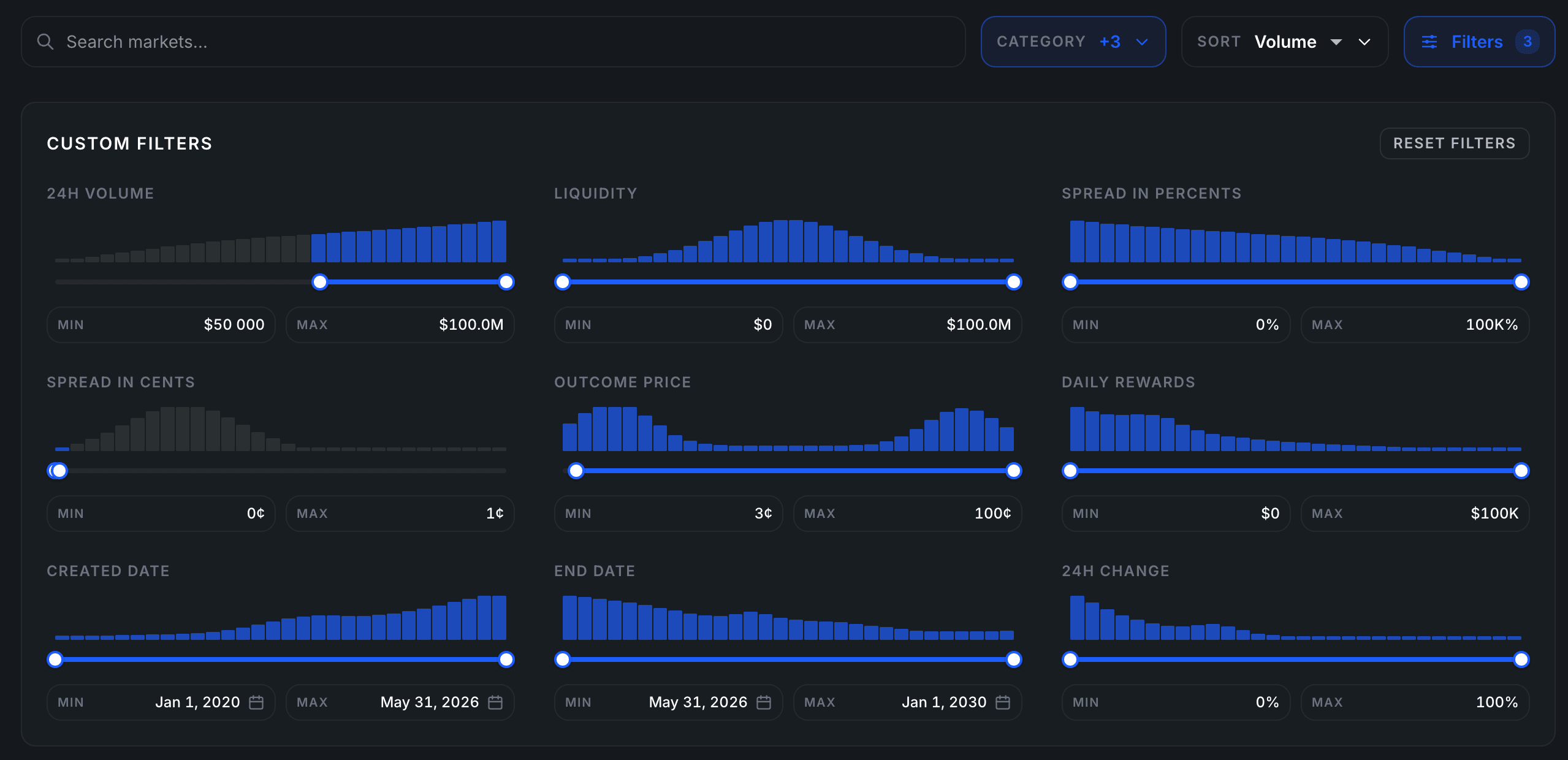 Example MarketScanner configuration for finding high-activity markets. Filters are configured for Sports, Politics, and Geopolitics markets with strong trading volume and liquidity.